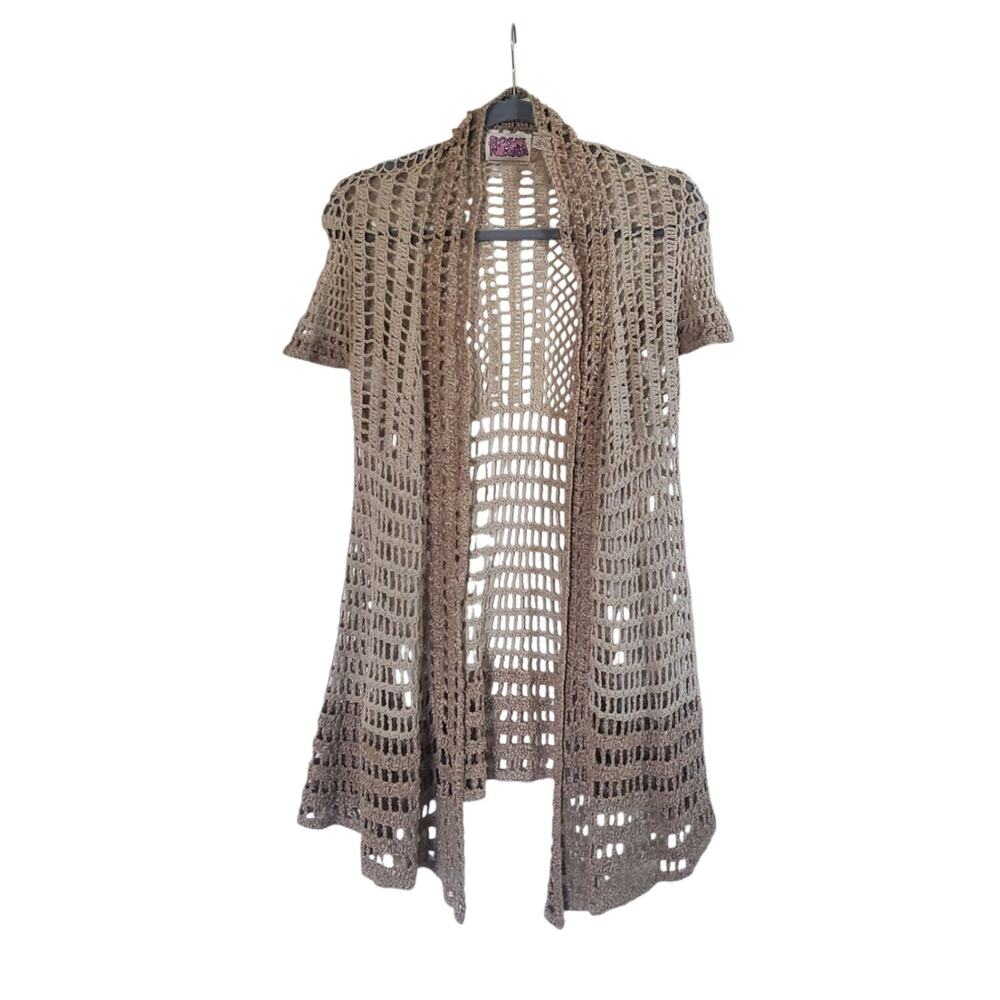 Rosie Neira Calado Hand Knit Crochet Festival Open Knit Cardigan, Size Medium